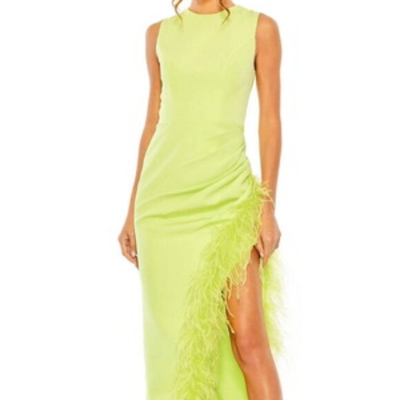 Mac Duggal Lime Green Feather Trim Asymmetric Dress - Picture 1 of 5